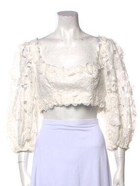 Zimmermann Ivory Floral Lace Puff-Sleeve Crop Top